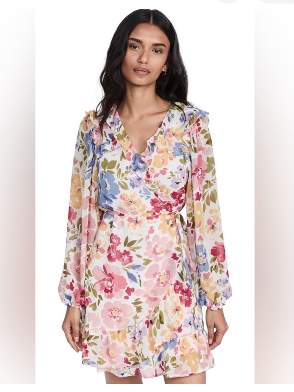 En Saison Constantia Floral Chiffon Wrap Mini Dress V-Neck Balloon Sleeve M